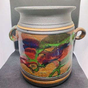 Mid Century Artisan Stoneware Ceramic Drip Glaze Crock Signed